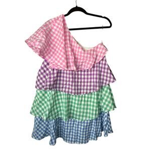 Bibi Multicolor 'Lana' Pink Plaid Tiered One Shoulder Mini Dress Size Medium